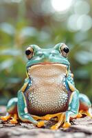 A close-up of a colorful frog with vibrant skin patterns and a blurred green background. photo