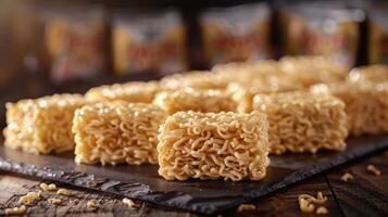A close-up of uncooked instant noodles arranged on a slate surface. photo