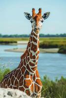 A close-up of a giraffe by a river, showcasing its unique patterns and serene environment. photo