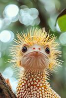 A close-up of a unique, spiky reptile with striking features in a natural setting. photo