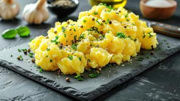 A serving of creamy mashed potatoes garnished with herbs and spices on a dark slate platter. photo