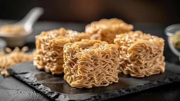 Instant noodles stacked on a slate surface, ready for cooking or serving. photo