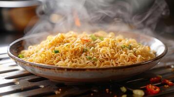 A steaming bowl of noodles garnished with green onions and red chili peppers. photo
