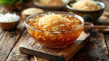 A bowl of sweet dessert featuring shredded ingredients in syrup, served on a wooden surface. photo