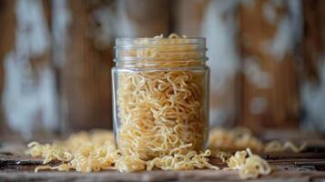 A jar filled with uncooked noodles, surrounded by scattered noodles on a wooden surface. photo