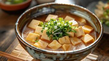 A bowl of tofu soup garnished with green onions, served in a traditional style. photo