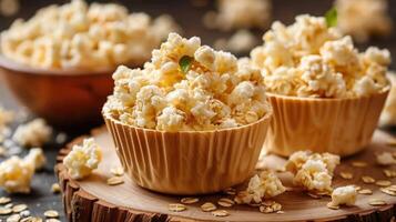 A close-up of bowls filled with popcorn on a wooden surface, surrounded by scattered oats. photo