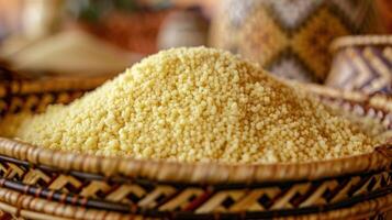 A mound of couscous in a woven basket, showcasing its texture and color. photo