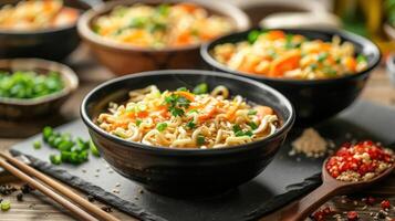 A delicious bowl of noodles garnished with vegetables and herbs, served with additional bowls. photo