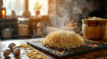 A steaming pile of noodles on a wooden table, surrounded by eggs and sesame seeds. photo