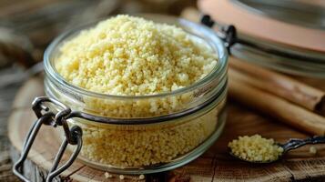 A jar filled with couscous, showcasing its texture and culinary potential. photo