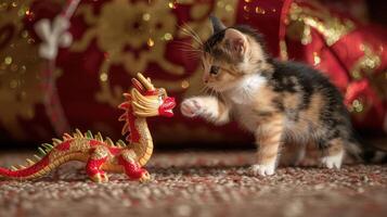 A playful kitten interacts with a colorful dragon figurine on a textured surface. photo