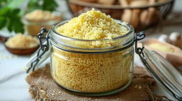 A glass jar filled with couscous, surrounded by natural ingredients and a rustic setting. photo