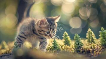 A playful kitten exploring a lush, green environment with soft bokeh in the background. photo