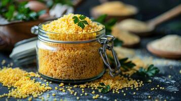 A jar of yellow couscous surrounded by herbs and grains on a textured surface. photo
