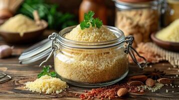 A jar filled with couscous, surrounded by spices and herbs on a wooden table. photo