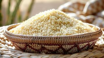 A woven basket filled with uncooked couscous, highlighting its texture and natural setting. photo