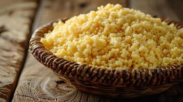A bowl of cooked couscous on a wooden surface, showcasing its fluffy texture and color. photo