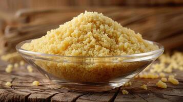 A close-up of couscous in a glass bowl, highlighting its texture and color. photo