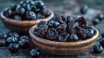 Two bowls filled with dried blueberries, surrounded by scattered berries on a dark surface. photo