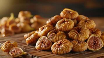 A pile of dried figs on a wooden surface, showcasing their texture and color. photo