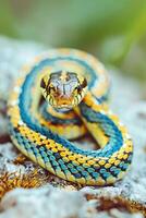 A vibrant, colorful snake coiled on a rock, showcasing its striking scales and patterns. photo