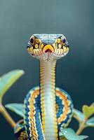 A close-up of a colorful snake perched on a branch, showcasing its vibrant scales. photo