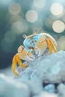 A vibrant crab perched on rocks, showcasing its colorful shell against a blurred background. photo