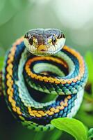 A colorful snake coiled on a branch, showcasing its vibrant scales and striking features. photo