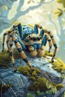 A colorful, stylized spider resting on a rock in a vibrant forest setting. photo
