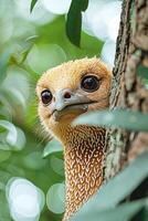 A close-up of a bird peeking from behind a tree, showcasing its unique features. photo