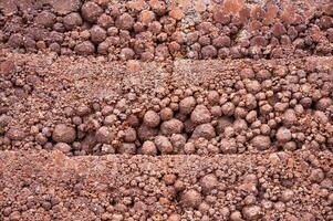 Full frame shot of rough earthen wall texture. These walls are constructed by ramming a mixture of aggregates, including gravel, sand, silt and a small amount of clay. photo