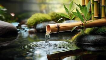 closeup pond garden with bamboo and zen stone in water, photo