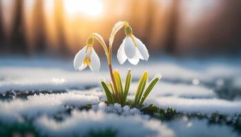 snowdrop flowers in the snow in the rays of the setting sun photo