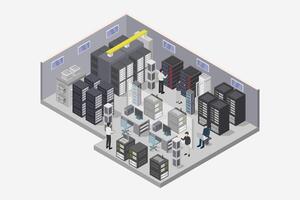 Isometric illustration of a server room with people working vector