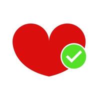 A red heart with a tick mark on it on white vector