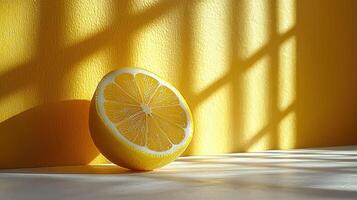 Fresh lemon half on yellow background with soft shadows creating vibrant atmosphere photo