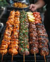 Grilled skewers with meat and vegetables, vibrant colors, and delicious aroma photo