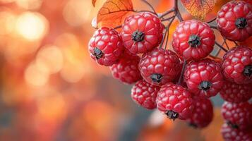 Fresh red raspberries on branch with autumn leaves in blurred background photo