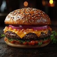 Juicy hamburger with melted cheese, fresh vegetables, and sesame bun photo