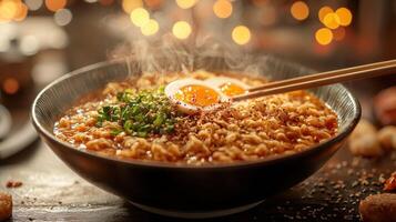 Steaming hot ramen bowl with soft boiled eggs and green onions photo