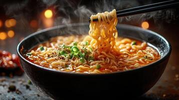 Steaming hot bowl of ramen with chopsticks, garnished with green onions photo