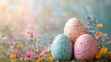Colorful Easter eggs surrounded by flowers in spring setting photo