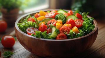 Fresh salad with tomatoes, cucumbers, and bell peppers in wooden bowl photo