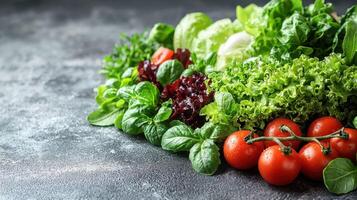 Fresh vegetables including lettuce, spinach, and tomatoes on textured surface photo