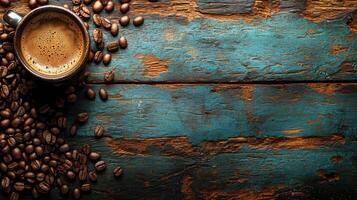 warm cup of coffee surrounded by coffee beans on rustic wooden table photo