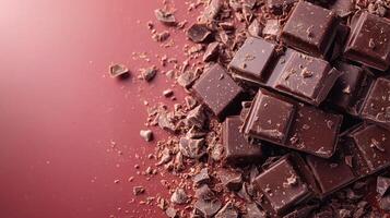 Rich dark chocolate pieces scattered on red background, perfect for desserts photo