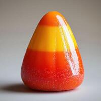 vibrant candy corn piece with bright orange, yellow, and red layers photo