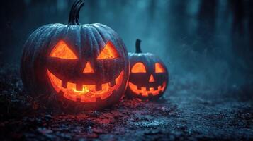 Spooky Halloween pumpkins glowing in dark, misty forest setting photo
