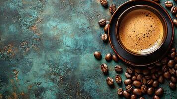 Rich coffee in black cup surrounded by roasted beans on textured surface photo